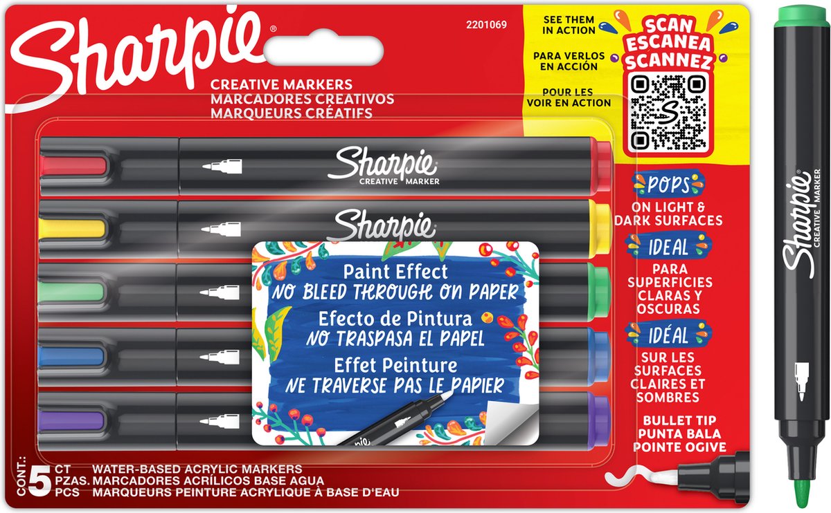 Sharpie Creative Marker Acrylverfmarkers | Ronde punt | Verfmarkers op waterbasis | Inkt loopt niet door en geschikt voor de meeste oppervlakken | Diverse kleuren | 5 stuks